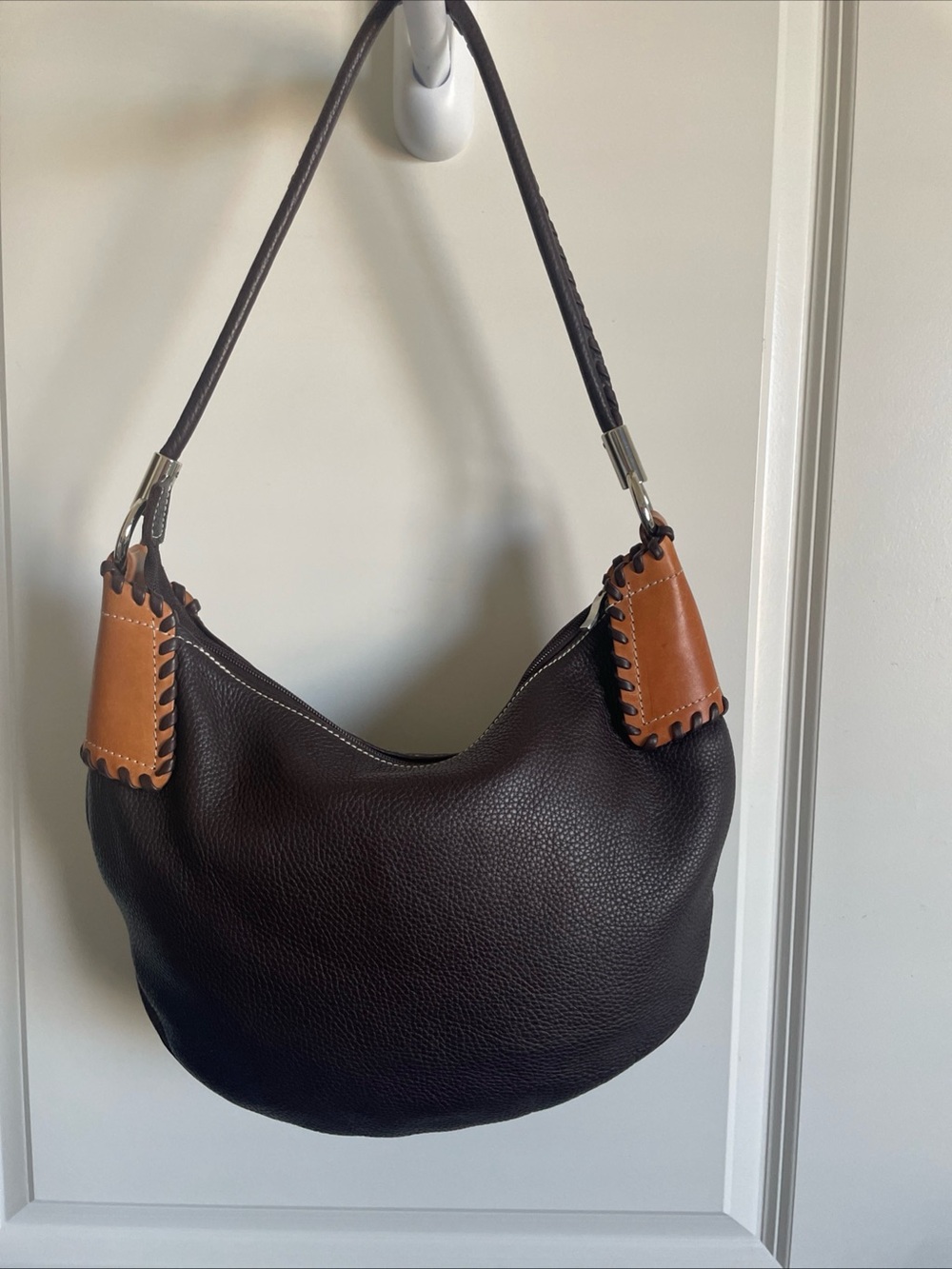 OMBU Dark Brown Penble Leather Hobo Shoulder Bag with Tan Accent Panels